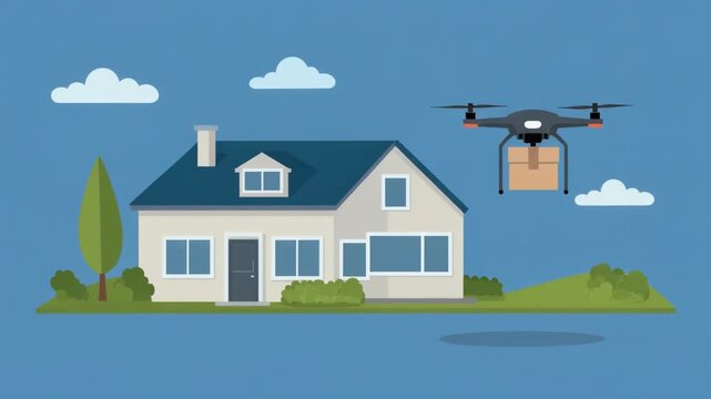 Drone delivering a package to a suburban residential house illustrating modern e commerce technology advanced logistics and convenient contactless home delivery service