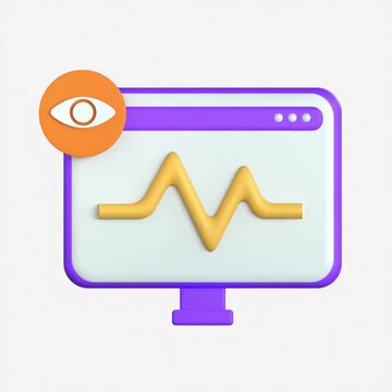 3D illustration of a computer screen with a heartbeat line and an eye icon symbolizing live system activity tracking