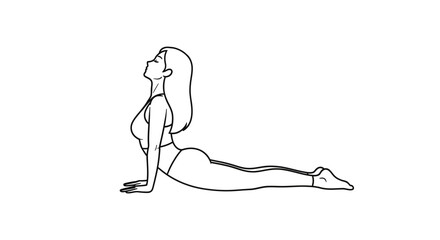 Woman doing yoga cobra pose, bhujangasana, on white background, line art, healthy lifestyle
