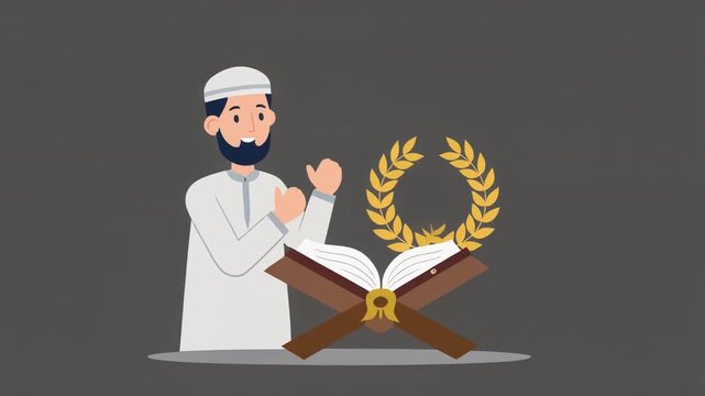 Devout Muslim man reading Holy Quran on rehal stand. Laurel wreath symbolizes spiritual knowledge religious Islamic education