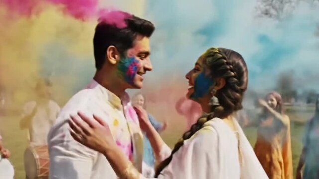 Indian couple enjoying Holi in a park

