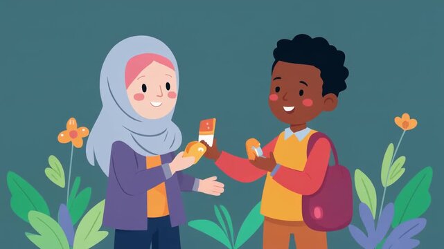 Illustration of a boy sharing a snack with a girl wearing a hijab representing kindness diverse friendship and cultural understanding