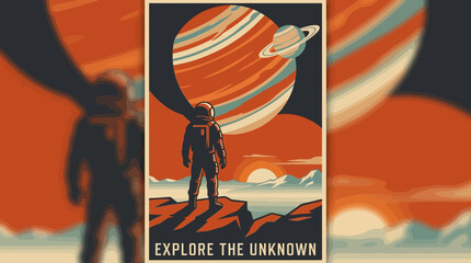 Retro Sci-Fi Space Travel Poster: Astronaut on Alien Planet Gazing at a Ringed World and Sunset © Lala