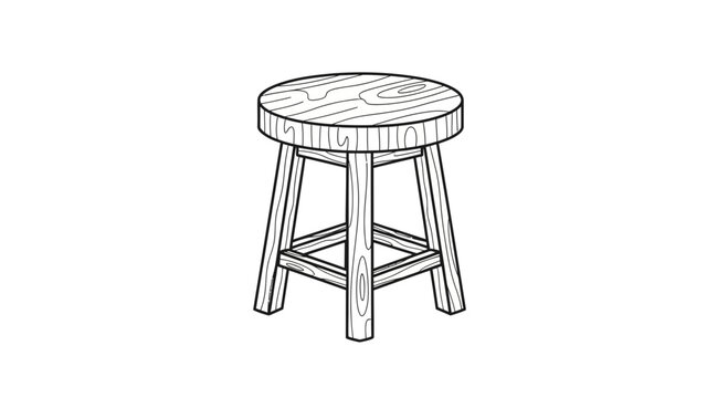 Simple Wooden Stool Drawing, Minimalist Furniture Illustration, Isolated on White Background