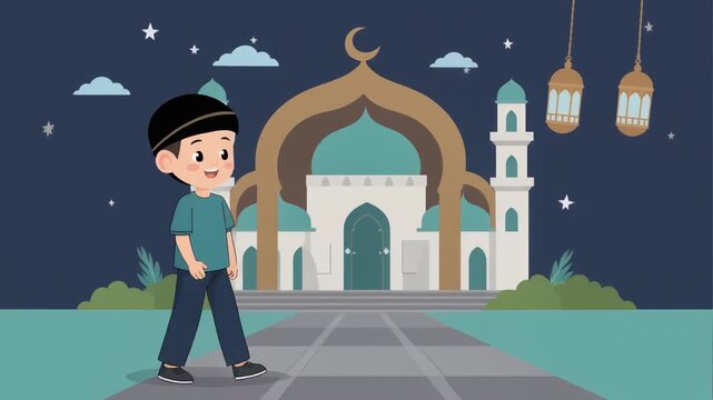 Cheerful young Muslim boy walking on a paved path towards a grand mosque under a peaceful starry night sky adorned with beautiful Ramadan lanterns