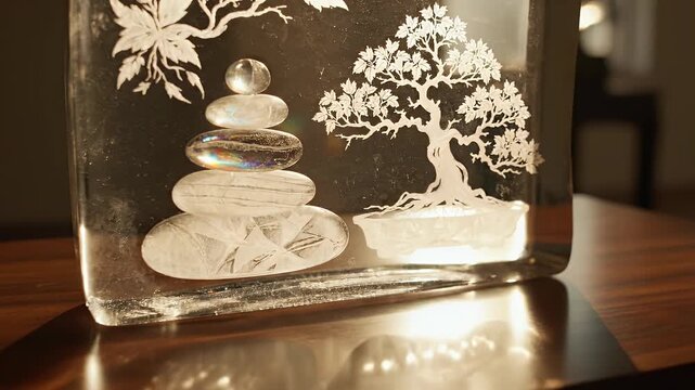 Etched glass block featuring a stacked stone balance and a detailed bonsai tree