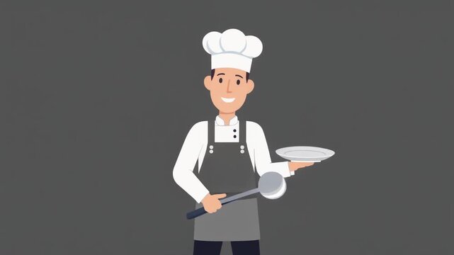 Happy cartoon male chef character in a uniform, holding a cooking ladle and an empty plate, perfect for food service, restaurant, catering, and culinary themes