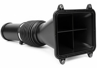 Black plastic automotive air intake system with a large square filter box.