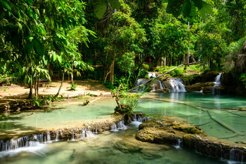 Clear turquoise water cascades over limestone terraces surrounded by dense tropical forest at Kuang Si Falls in northern Laos. Sunlight filters through lush green foliage, highlighting the natural © Florent