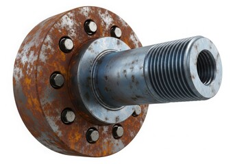 Rusted metal flange with threaded bolt protruding from its center against a white background