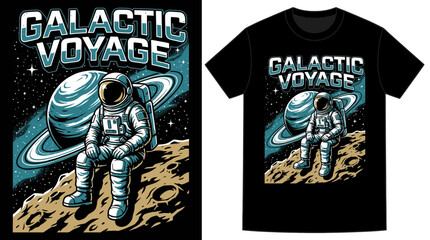 Galactic Voyage: Astronaut Resting on Moon Surface with Saturn, Stars - Retro Space Exploration T-Shirt Design Illustration © Lala