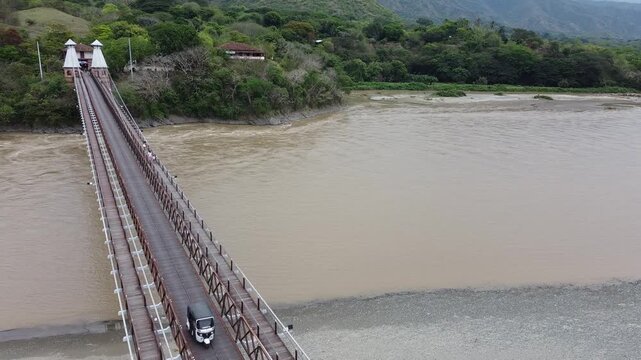 Santa Fe de Antioquia, Colombia. February 15, 2026. Drone photograph of the Western Bridge, built between 1887 and 1895.