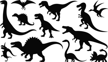 Collection of dinosaur silhouettes including sauropods, theropods, pterosaurs, and stegosaurus, prehistoric animal illustrations for education, design, and paleontology © Hello There