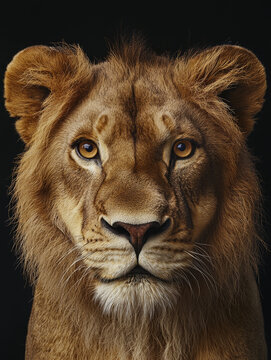 Detailed frontal portrait of a lion, showcasing its golden eyes, textured mane, and whiskers against a plain dark background