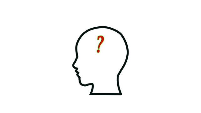  Human head with question mark icon white background.  4k video .glowing question mark with man head icon.
