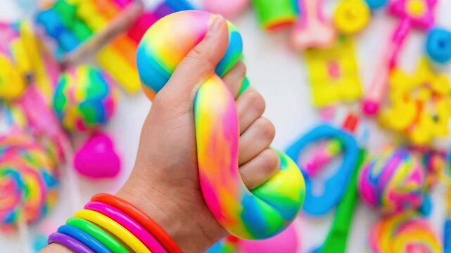 Colorful squishy rainbow hand toy for child stress relief sensory play bright neon fidget slime squeeze fun flexible playful bracelet wrist toy