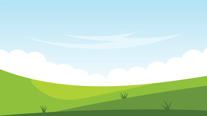 Naklejka premium green field with summer blue sky background. nature landscape cartoon scene