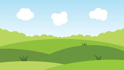 Obraz premium landscape cartoon scene with green field and white cloud on blue sky background