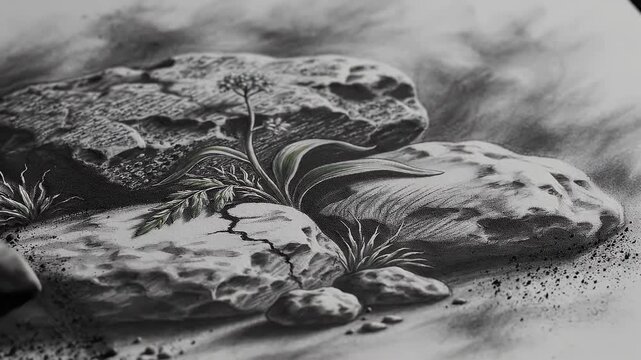 Detailed charcoal sketch of resilient plant life emerging from cracked rocks