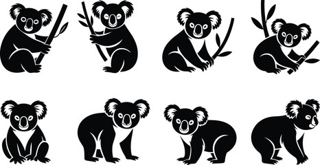 Stylized Koala Silhouettes in Various Poses with Tree Branches, Cute Wildlife Vector Illustration for Education, Puzzle, Pattern Recognition © Hello There