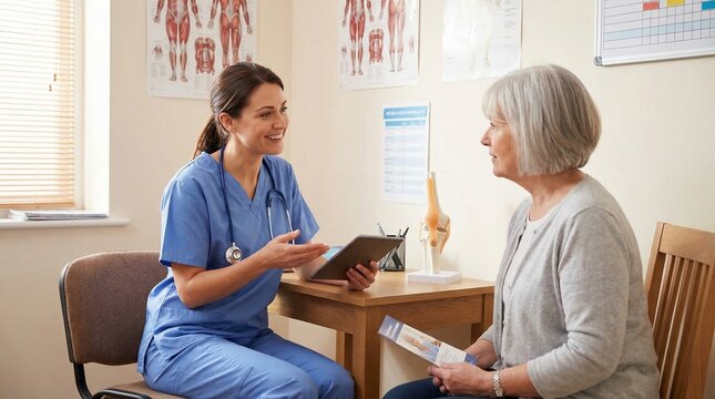 Female Nurse Explaining Medical Results to Senior Patient on Digital Tablet