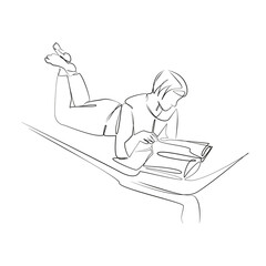 Obraz premium One continuous line drawing on white isolated background. Minimalism linear illustration. person, reading, relaxation, sofa, woman, mag, female, home, young, leisure