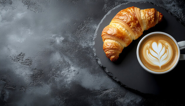 Extreme minimalist dark flat lay focusing purely on the shape of the croissant and the round latte cup