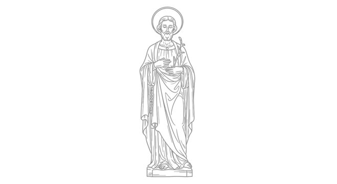 Line Drawing of Saint Jude Thaddeus Statue with Halo and Keys, Religious Iconography
