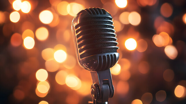 Vintage microphone stands against backdrop of warm, glowing bokeh lights, creating nostalgic and inviting atmosphere perfect for open mic night or musical event