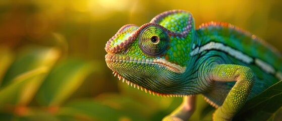 Obraz premium Detailed macro of a colorful chameleon with textured scales and vivid green tones against soft natural background, symbolizing adaptability and wildlife beauty.