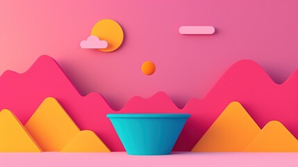 Fototapeta premium Bright minimalist 3D landscape with pink mountains, sun, and central funnel shape, representing creativity, imagination, and modern design concept.