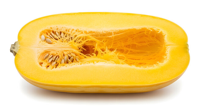 Half of a yellow spaghetti squash showing its internal seeds and fibrous texture against a white background