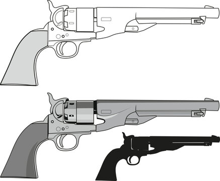 Classic cowboy revolver Colt Marine in several variations isolated on white background