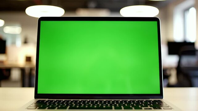 A silver laptop with a bright green screen sits on a table in a blurred office