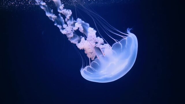 Enchanting glowing jellyfish gracefully swims in the deep dark ocean, its delicate form and ethereal tentacles illuminating the mysterious underwater world.