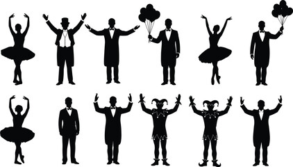 Black Silhouette Set of Circus Performers, Ballerina Dancers, Magicians with Balloons, and Jesters in Various Poses Isolated on White Background, Vector © Sreemoti