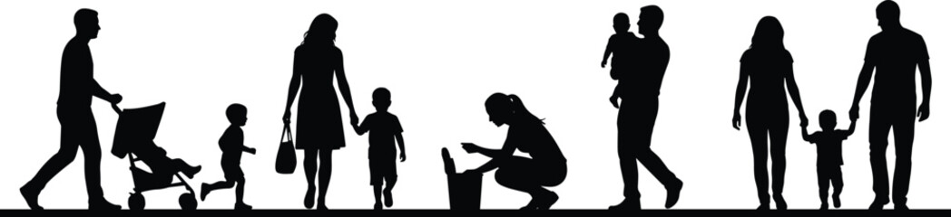 Family lifestyle silhouette panorama showing parents, children and baby stroller in daily parenting activities representing love, care and modern family life