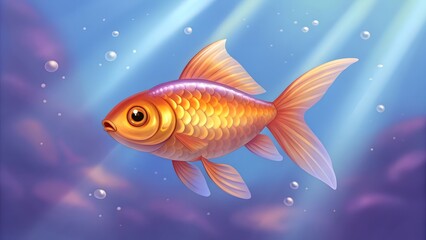 Fototapeta premium Vibrant goldfish swims in a glowing, hazy blue and purple underwater scene.