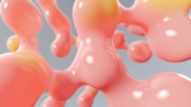 Abstract 3D rendering of dynamic fluid organic shapes in peach pink and vibrant yellow orange hues creating a glossy smooth metaball background