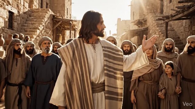 Messiah Jesus Christ walking through dusty ancient Israel village street followed by crowd of faithful believer and disciple in biblical time historical scene of holiness and devotion
