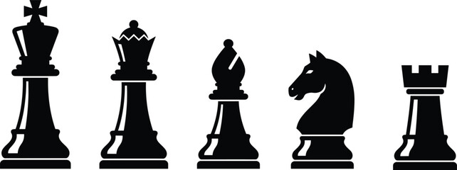 Classic chess pieces silhouette illustration featuring king, queen, bishop, knight and rook symbols representing strategy, leadership, competition and intellectual board game  © MdLimon