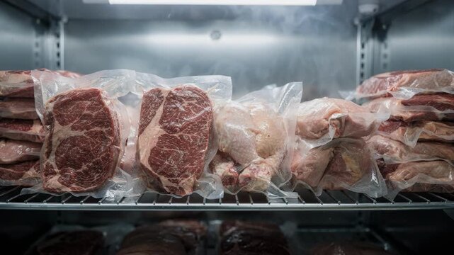 Medium shot capturing organized meat storage in a walkin fridge labeled shelves displaying various cuts with main focus on packaged meat rest softly blurred.