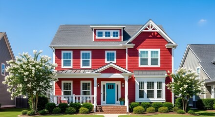 Obraz premium AI generated residential exterior of a vibrant red house with white trim and a teal door. The property includes a covered porch, symmetrical windows, landscaped shrubs, and a manicured green lawn.