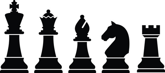 Classic chess pieces silhouette set including king, queen, bishop, knight and rook isolated for strategy, leadership, and board game concept design © MdLimon
