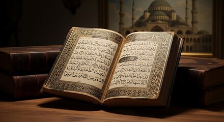 Open book displaying text with ornate pages on wooden table soft lighting