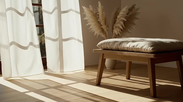 Soft sunlight streams through sheer curtains onto a wooden bench with a plush cushion and dried reeds
