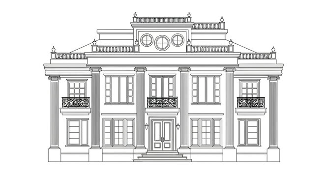 Elegant Mansion Facade, Classical Architecture, Grand Entrance, Columns, Balconies, Detailed Drawing