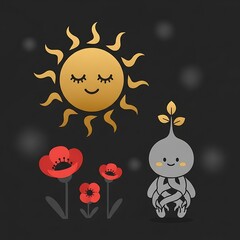 Naklejka premium Cute Cartoon Sun, Poppies, and Mandrake Root Illustration.