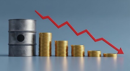 Fototapeta premium Oil barrel and decreasing stacks of gold coins with red arrow showing downward financial trend indicating economic loss