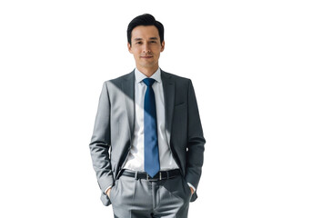 Confident businessman in gray suit standing with hands in pockets isolated on transparent background looking straight ahead
